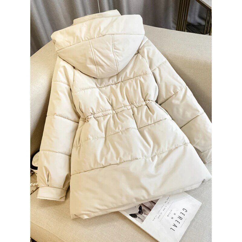 Damskie jesienno-zimowe nowe bawełniane kurtki damskie koreański styl jednolity kolor płaszcze z kapturem gruba termiczna damska biurowa odzież wierzchnia
