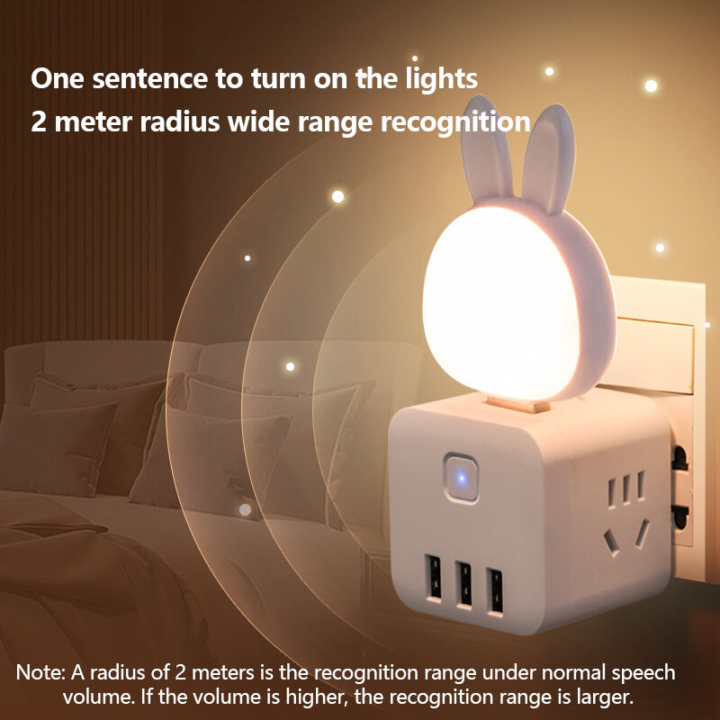 USB Plug-in LED Night Light com controle de voz, adoráveis coelhos, lâmpada portátil desktop, luzes do quarto, sala de casa