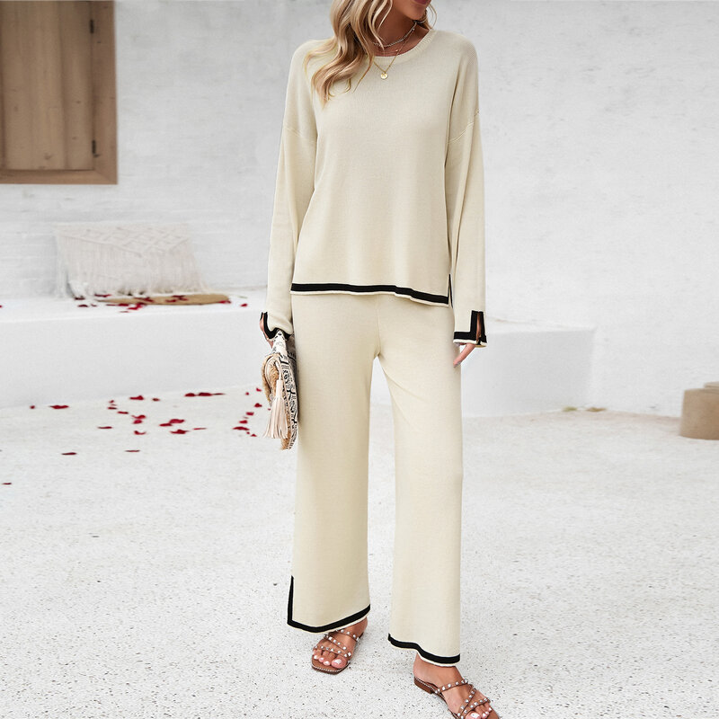YEAE Solid Color Knit Long Sleeve Long Pants Set Loose Long Sleeve Top and Straight Wide Leg Pants Temperament Elegant Commuter