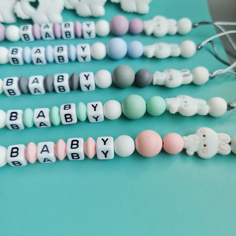 Custom English Russian alphabet names Baby Silicone Rabbit Pacifier Chains Clips Bead Pendants Toy Teether Kawaii Creative Gifts