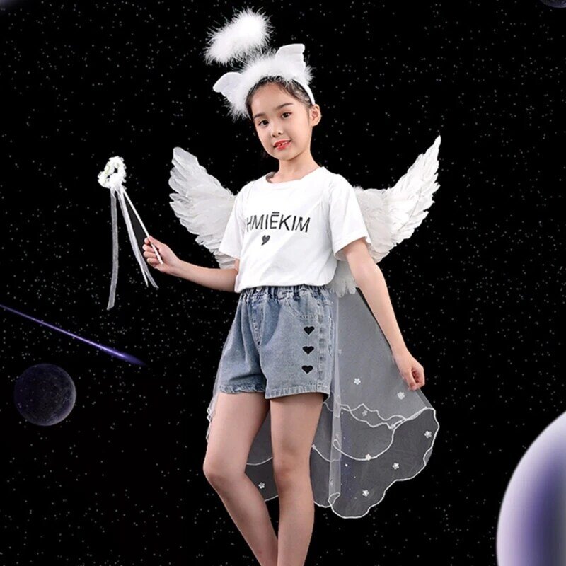 เด็ก Angel Wings หญิง Fairy ปีก Tulle ผ้าคลุมหน้าเจ้าหญิงโบว์แบบผูก Feather ปีกฮาโลวีนชุดเดรสปาร์ตี้ Up Prop