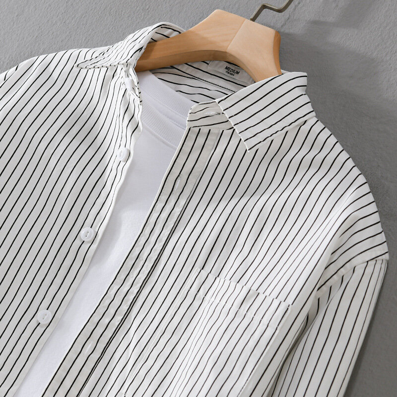 メンズカジュアルストライプ長袖シャツ、綿70% 、毎日のリラックスと仕事に最適、新しいメンズ服、M-3XL