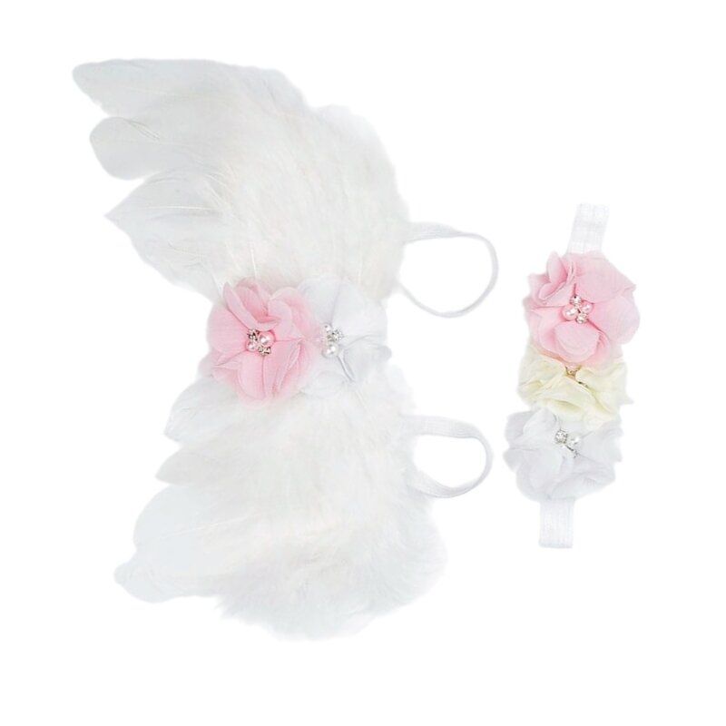 Baby-Engel-Kostüm, Federflügel mit passendem Blumen-Kopfschmuck. Weiche und bequeme Studio-Requisiten für besondere Momente