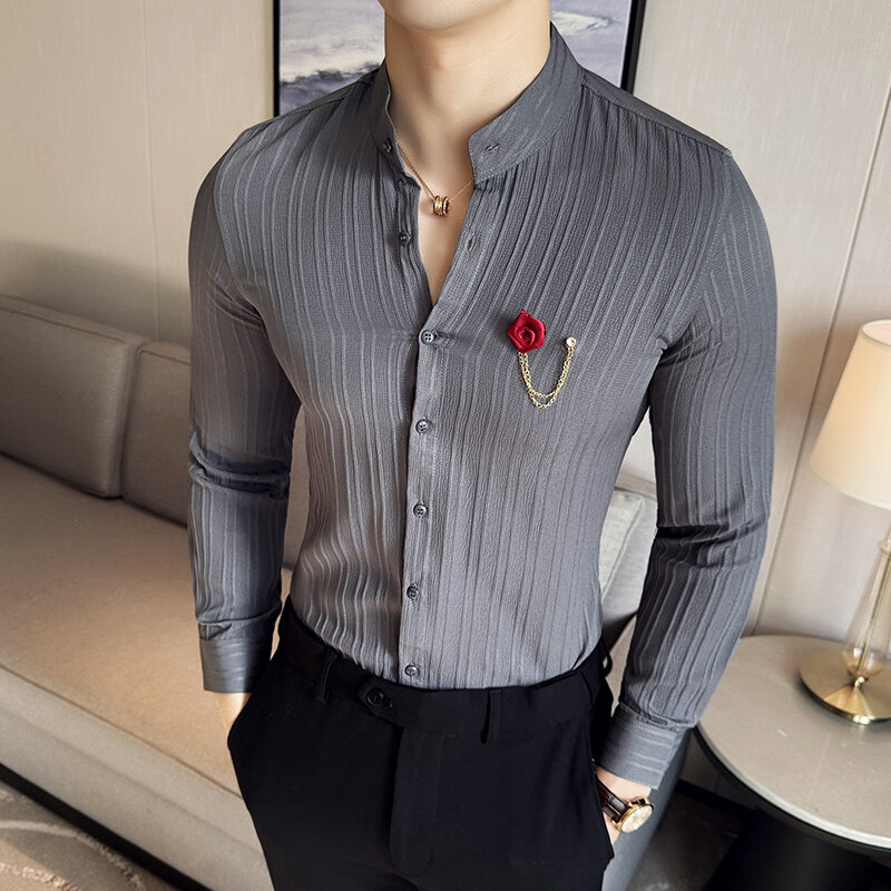 Camicia a righe verticali con colletto alla coreana solido da uomo in stile britannico 2024 camicie Slim Fit a maniche lunghe smoking formale per feste sociali aziendali