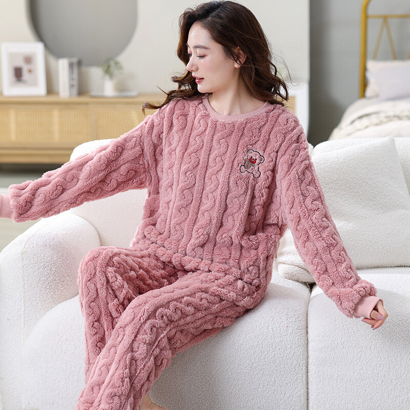 Conjunto de pijama de flanela grossa feminino, pijama coral, roupa caseira, peignoir feminino, roupa de casa, manter aquecido, outono, inverno