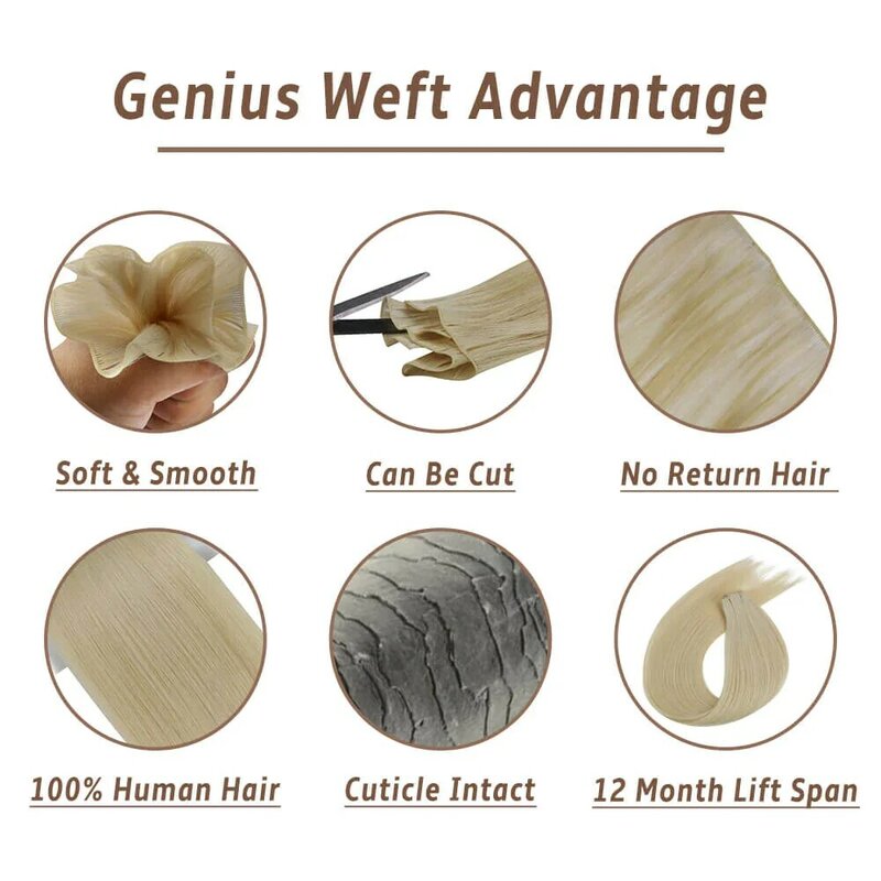 Genius Weft-extensiones de cabello humano 100% Natural para mujer, extensiones de cabello Invisible liso, 100G, mechones de cabello de doble estirado