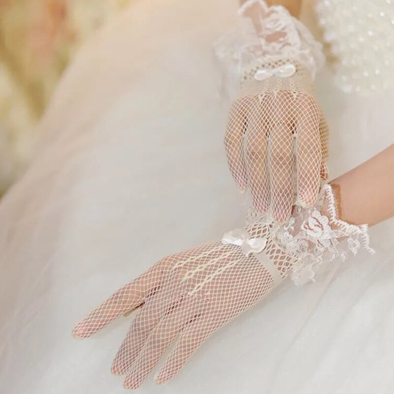 Guantes de tul de boda para mujer, manoplas elásticas de seda ultrafinas, malla corta blanca y negra, guantes de dedo completo, joyería de fiesta