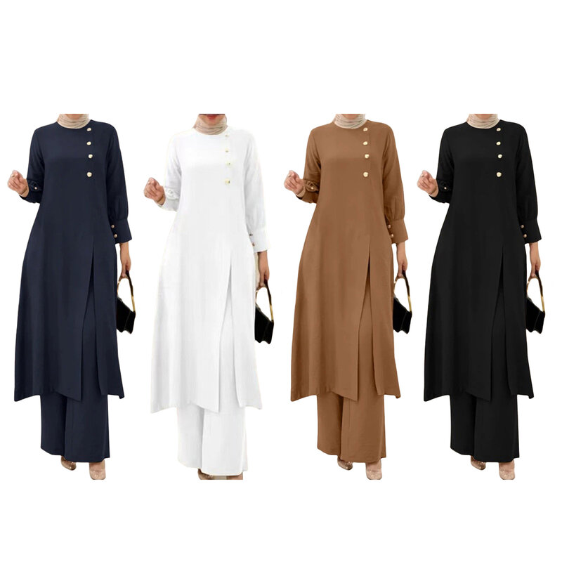 여성용 이슬람 무슬림 세트, 세트 단추 장식, 긴 소매 측면 슬릿, 긴 로브 셔츠 바지, 아라비아 이슬람 의류, 2 피스