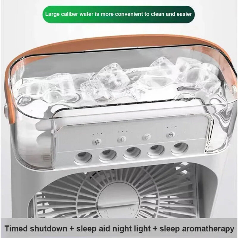 Ventilador portátil de ar condicionado, ventilador elétrico, luz noturna LED, névoa de água, diversão 3 em 1, ar umidifie para casa