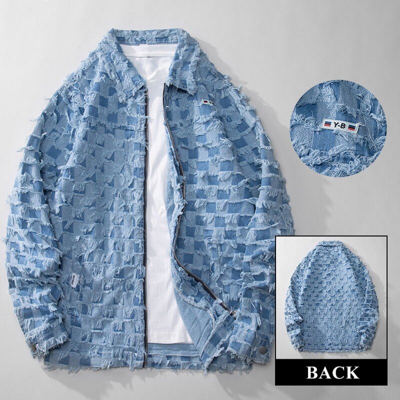 Jaqueta jeans azul clara masculina, casacos xadrez borlas, streetwear solto, jeans de algodão, primavera, outono, Y2K