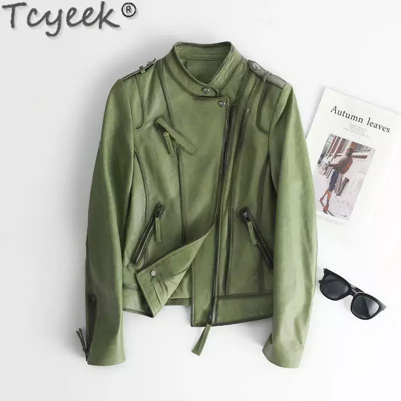 Tcyeek-chaqueta de cuero genuino para mujer, abrigo de piel de oveja para mujer, abrigos negros cortos para motocicleta, primavera y otoño, 2022