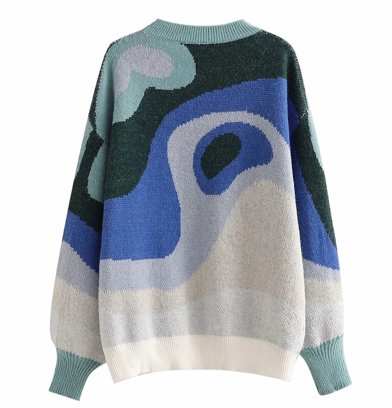Kerah bulat Jacquard kontras untuk kehangatan dan longgar, Pullover kasual, Sweater lengan panjang, Sweater rajut, musim gugur dan musim dingin