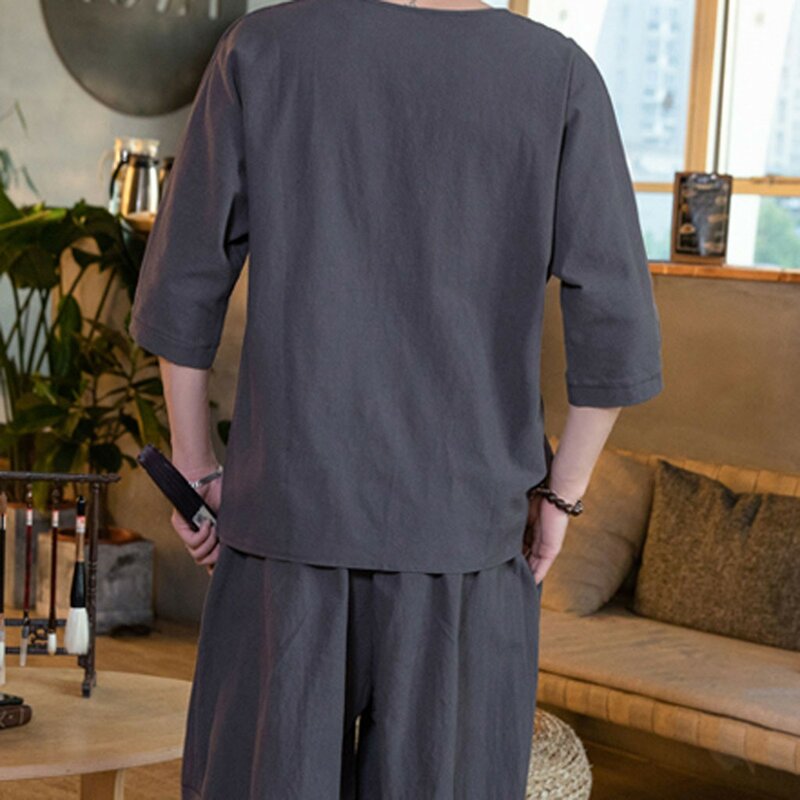Camiseta de lino y algodón para hombre, traje de manga corta, informal, holgado, cómodo, transpirable, ropa de calle