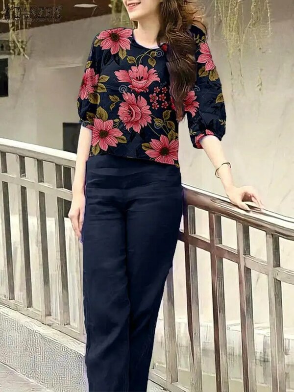 ZANZEA-Blusa floral e calças largas para mulheres, calças combinando, calças vintage, manga 3/4, elegantes, roupas de treino de trabalho, verão, 2 peças