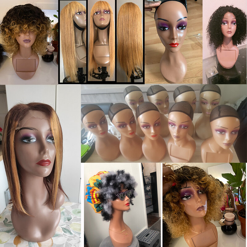 Cabeza de maniquí femenino realista para exhibición, cabeza de peluca para exhibición de pelucas, collar, pendientes, sombrero, color marrón oscuro