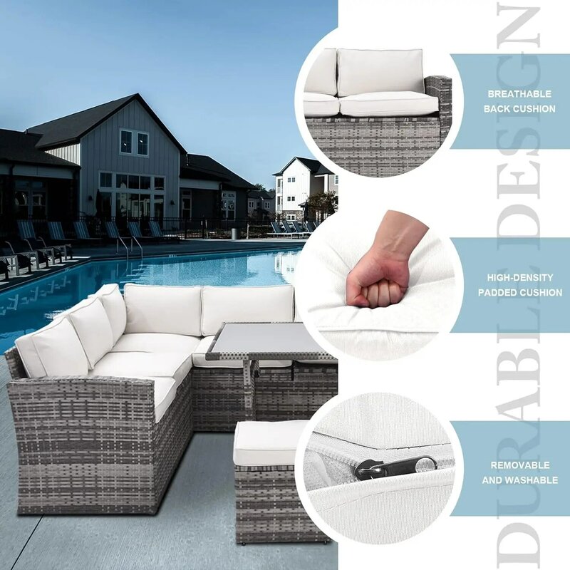 Patio Furniture Set, All Weather Wicker Outdoor Sectional Couch Sofa Dining Table Chair Set