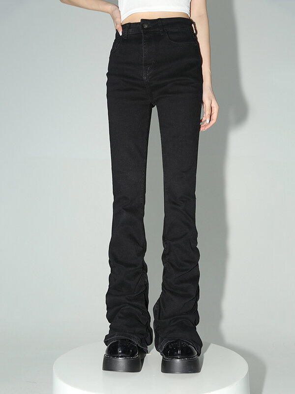 Reddachic กางเกงยีนส์ขาบานสำหรับผู้หญิง, กางเกงยีนส์สีดำจับจีบยืดสีพื้นกางเกงเอวสูงกางเกงแนวฮาราจูกุโกธเสื้อผ้า Y2k