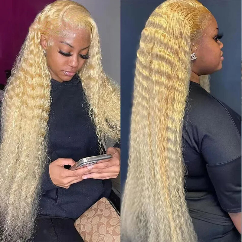 40 inch full brazilian deep wave 613 ash blonde kinky curly glueless prepluck wigs 13x6 hd lace frontal human hair wig for women