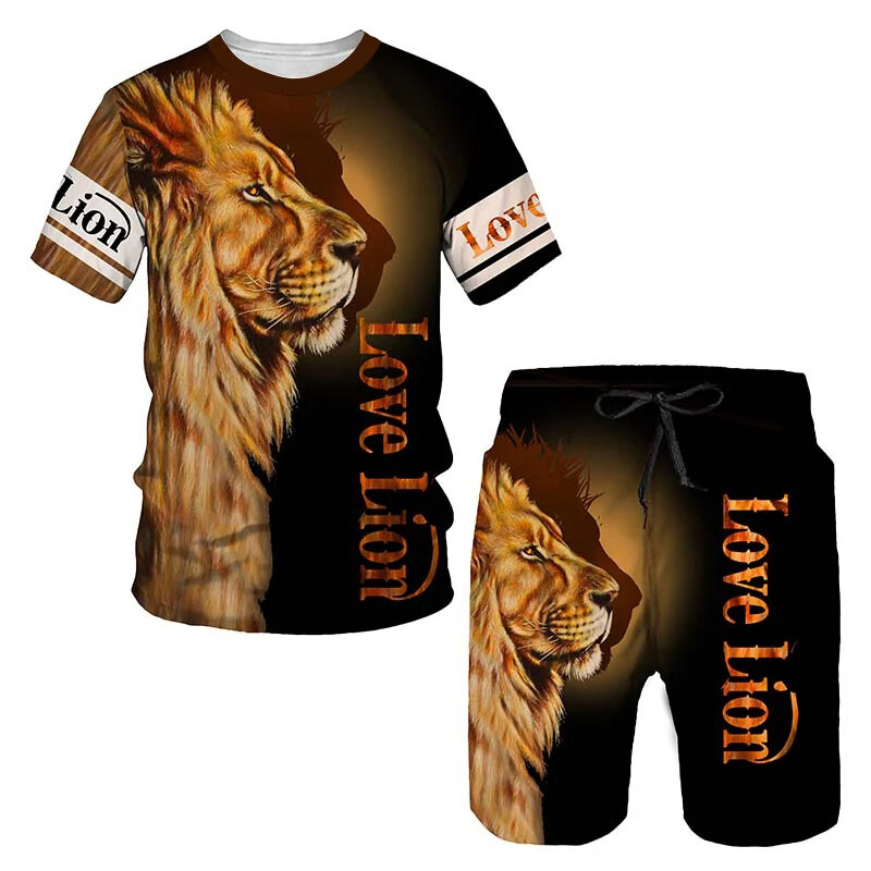 3d Dier Leeuw En Wolf Bedrukt Oversized T-Shirt En Korte Broek Set, Casual Herenpak, Zomer Tweedelige Sportkleding, Herenpak
