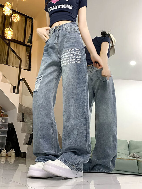 Jmprs-Jeans troués pour femmes, pantalons en denim décontractés, streetwear vintage, lettre américaine, rétro, Harajuku, taille haute, Bf Design, fjt