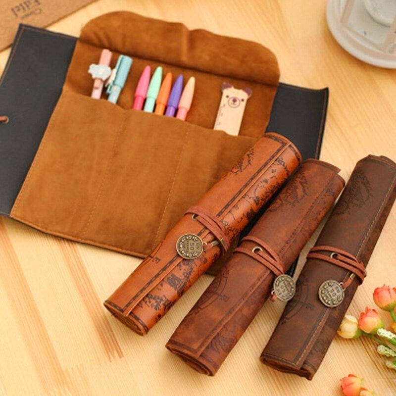 1pc Roll Pencil Bag Large Capacity Stationery Box Roll Pencil Pouch High Quality Canvas Leather Pencilcase School Supplies