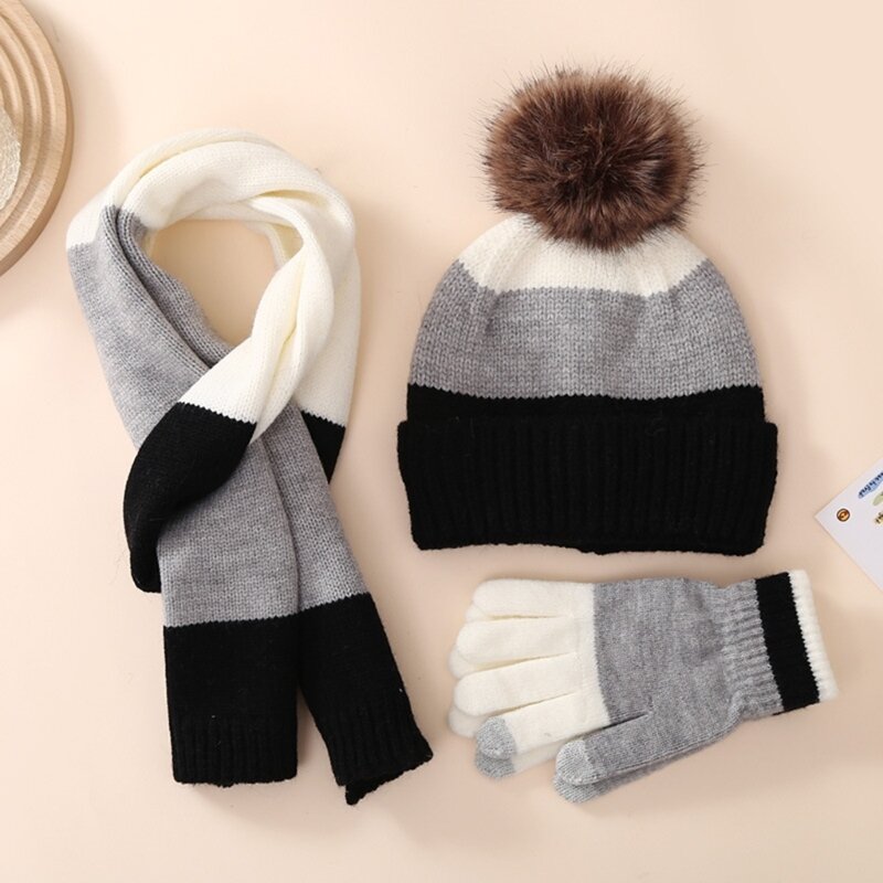 Детская шапка, шарф и перчатки, комплект, зимняя шапка с помпоном, перчатки и шарф, теплая вязаная шапка-бини, шапка для девочек