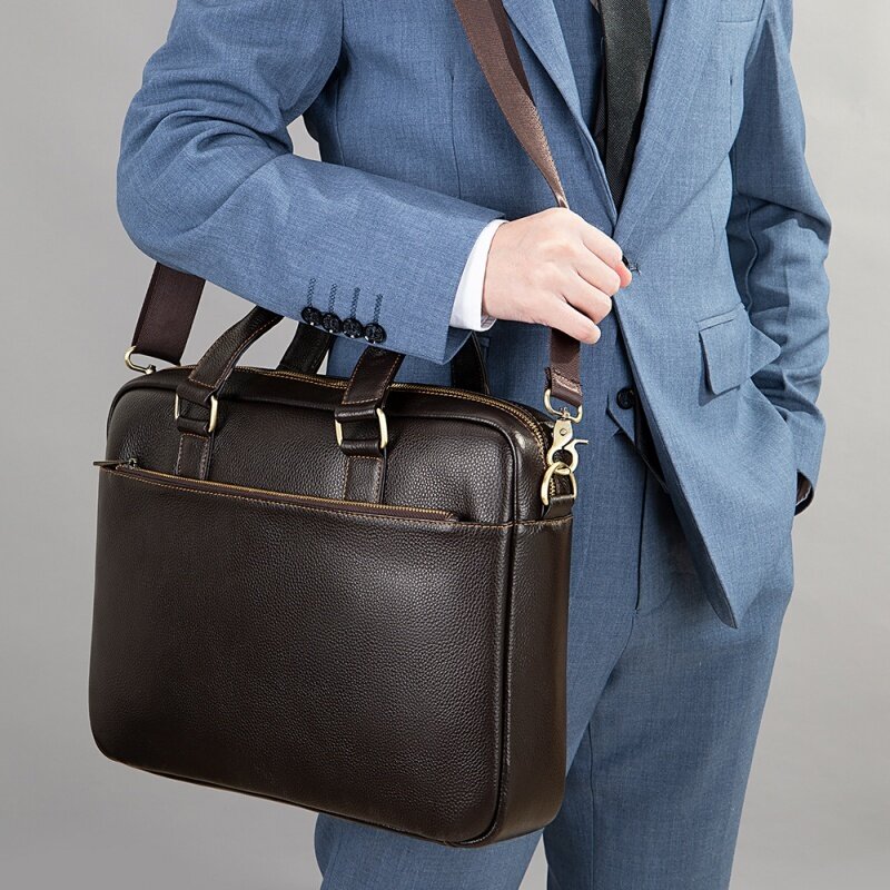 Tas kantor kulit asli untuk pria, tas File selempang bahu Retro kasual, tas Laptop kulit sapi mewah untuk pria