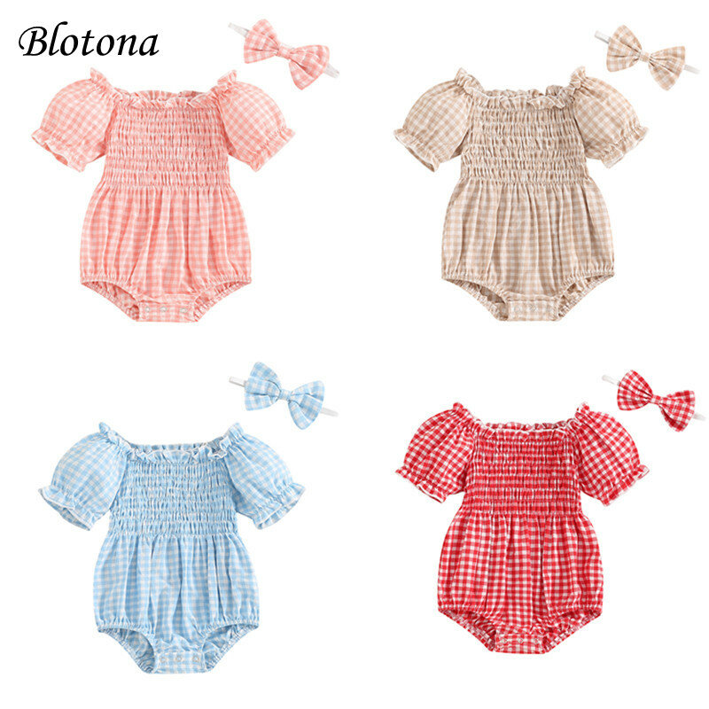 Летний повседневный комбинезон для маленьких девочек Blotona, клетчатый комбинезон с коротким рукавом и открытыми плечами и повязкой на голову