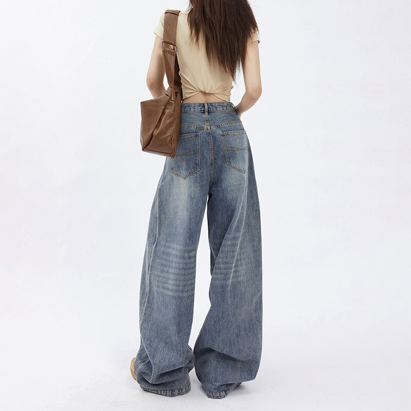 Amerykańska moda Vintage spodnie z luźna szeroka nogawkami modne jeansy z wysokim stanem kobiety proste spodnie jeansowe na co dzień uniwersalne