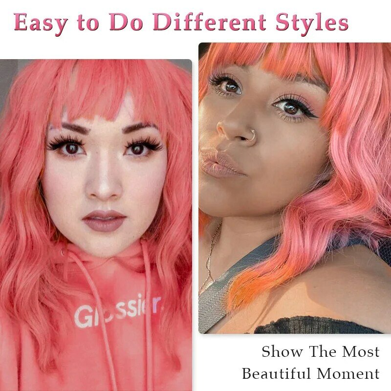 Wig merah muda rambut sintetis Wig pendek alami bergelombang untuk wanita Wig Bob dengan Bang Wig merah serat suhu tinggi 14 inci Lolita