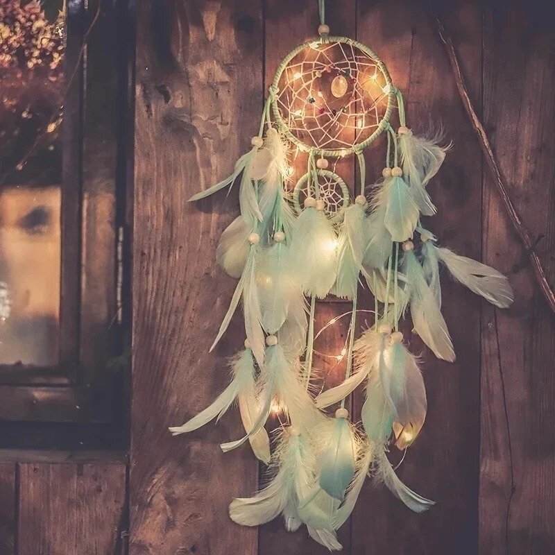 Łapacz snów z nocnymi piórami koralik nocna lampka na ścianę wisząca dekoracja ręcznie robiony domowy pokój dziecięcy ozdoba dekoracyjna prezent