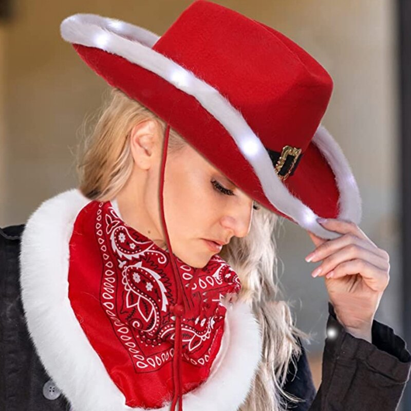 Óculos feminino coração com lenço penas LED conjunto chapéu cowboy para sessões fotos