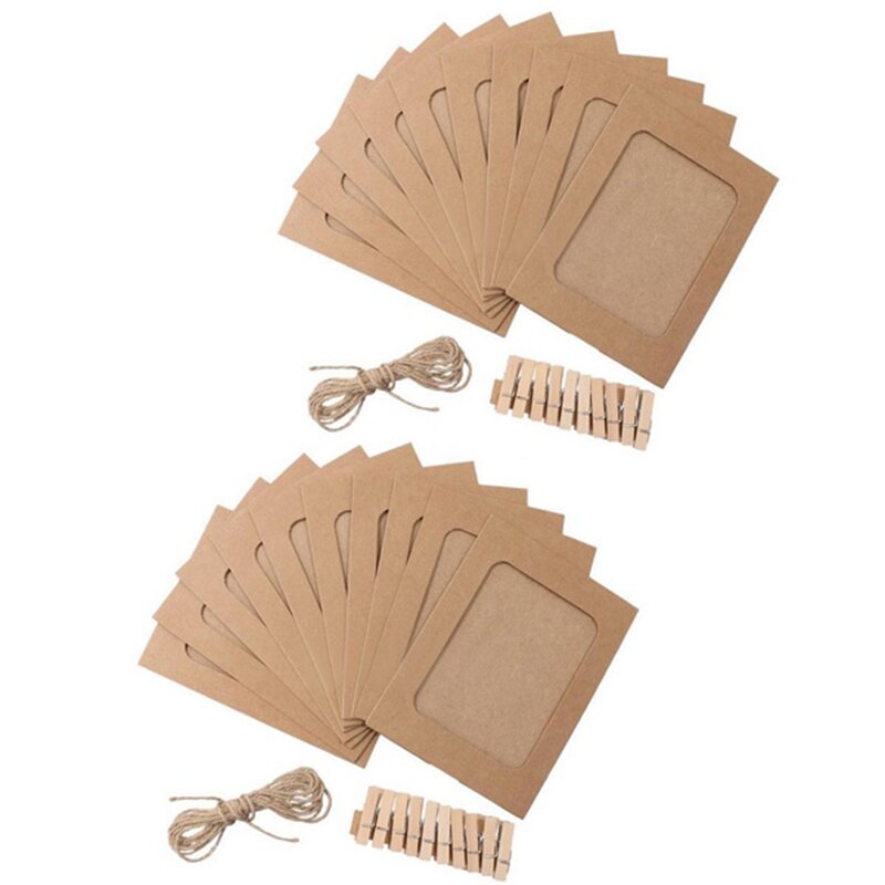 20 Pcs Paper Photo DIY Wall Picture Hanging Frame Album Rope Clip Set Home Decor 3Inch Brown
