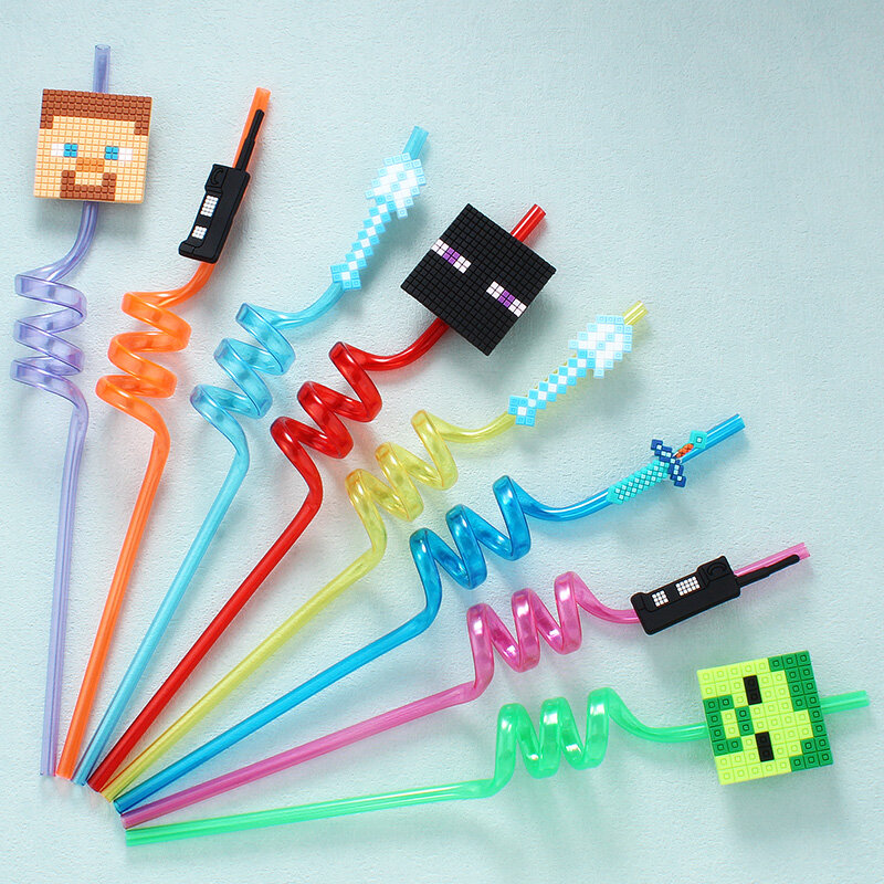 Reusable Miner Plastic Spiral Drinking Straws, My World Pixel Straw, Decorações de Festa de Aniversário, Suco de Palhas, Crianças, 26cm, 8pcs