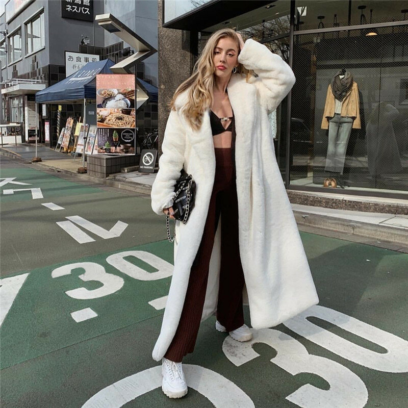 Однотонное Женское пальто из искусственного меха, длинное белое пушистое теплое пальто d с капюшоном и отворотом, свободная корейская модная верхняя одежда 2021