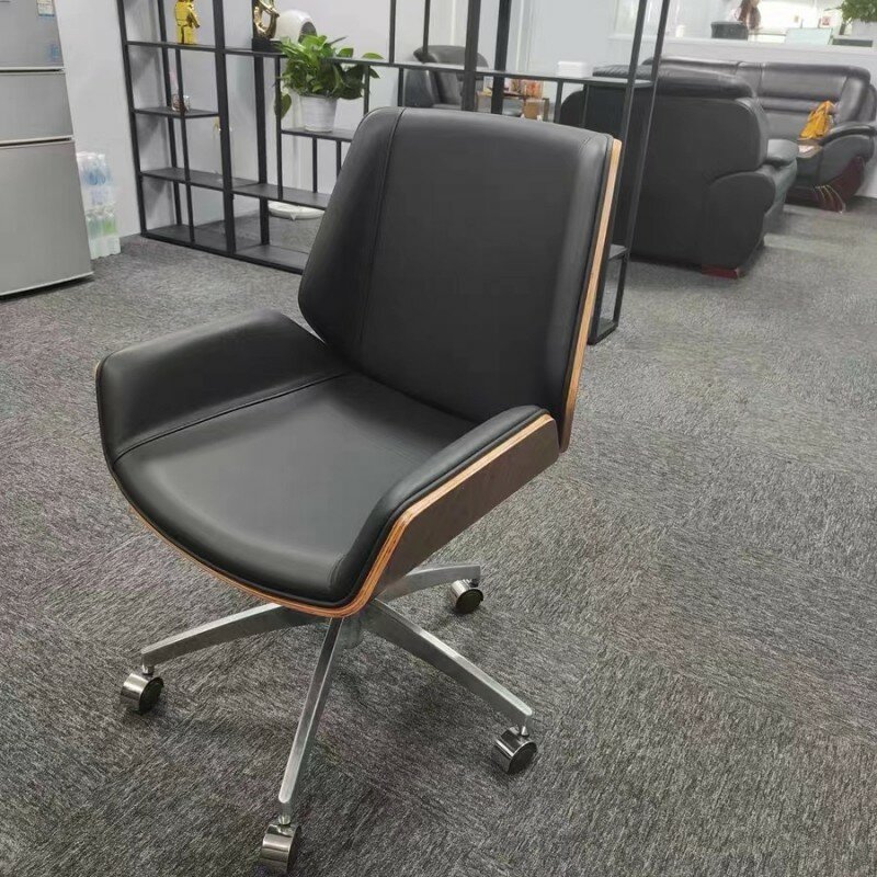 Mid-Back Bentwood Swivel Office Computer Chair PU Leather Office Furniture For Home,Conference Mid Century Adjustable Armchair