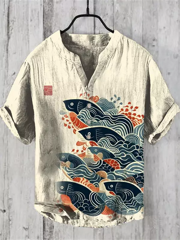 Camisa hawaiana con estampado artístico para hombre, camisa sexy con estampado digital 3D de setas, informal, holgada, de manga corta, con tres botones