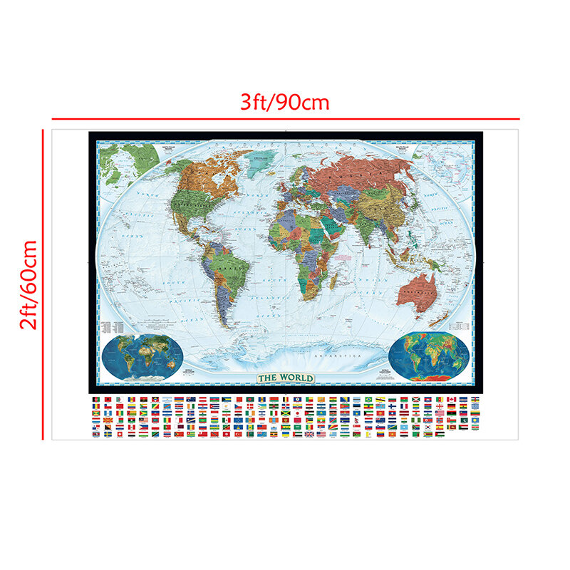 국기가 있는 부직포 세계 지도 포스터, 방수 무 페이딩 물리적 지도, 빈티지 벽 아트 장식, 90x60cm