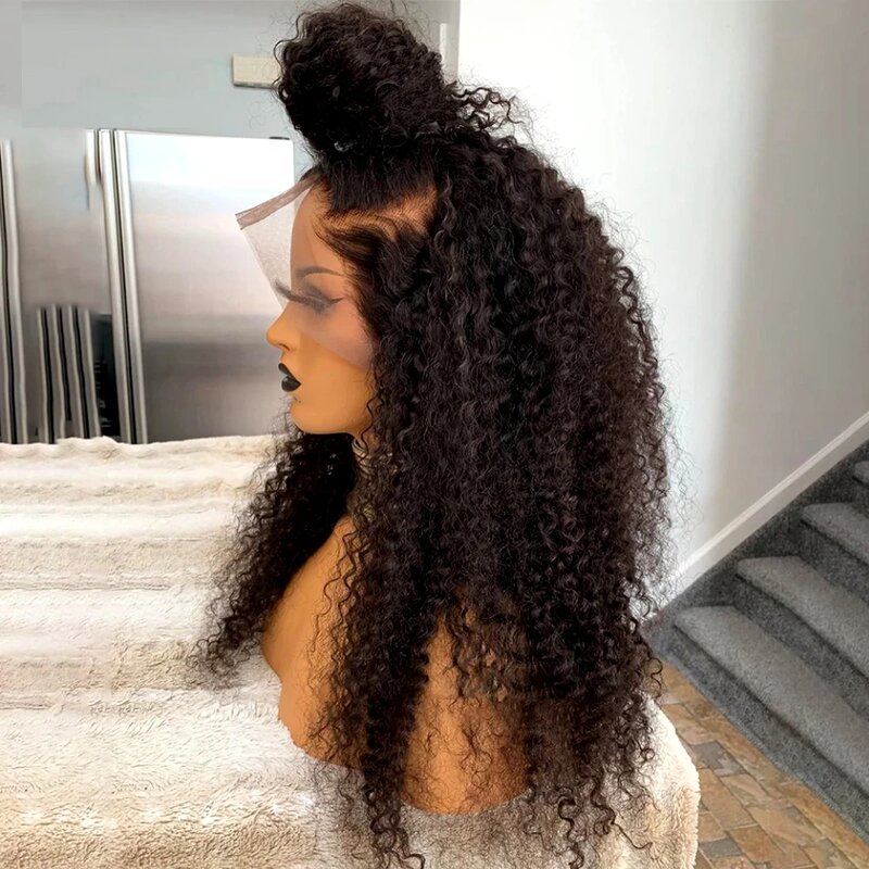 FiberDaily-Peluca de cabello sintético rizado para mujer africana, pelo largo sin pegamento, con malla frontal negra prearrancada, 180de densidad, resistente al calor