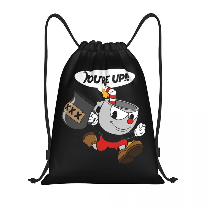 Cuphead-mochila con cordón para hombre y mujer, saco deportivo portátil para gimnasio, juego de dibujos animados, bolsa de compras