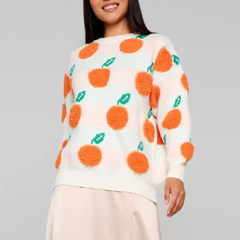 Женский вязаный пуловер с длинным рукавом, повседневный свободный оранжевый жаккардовый пуловер с круглым вырезом, 2023