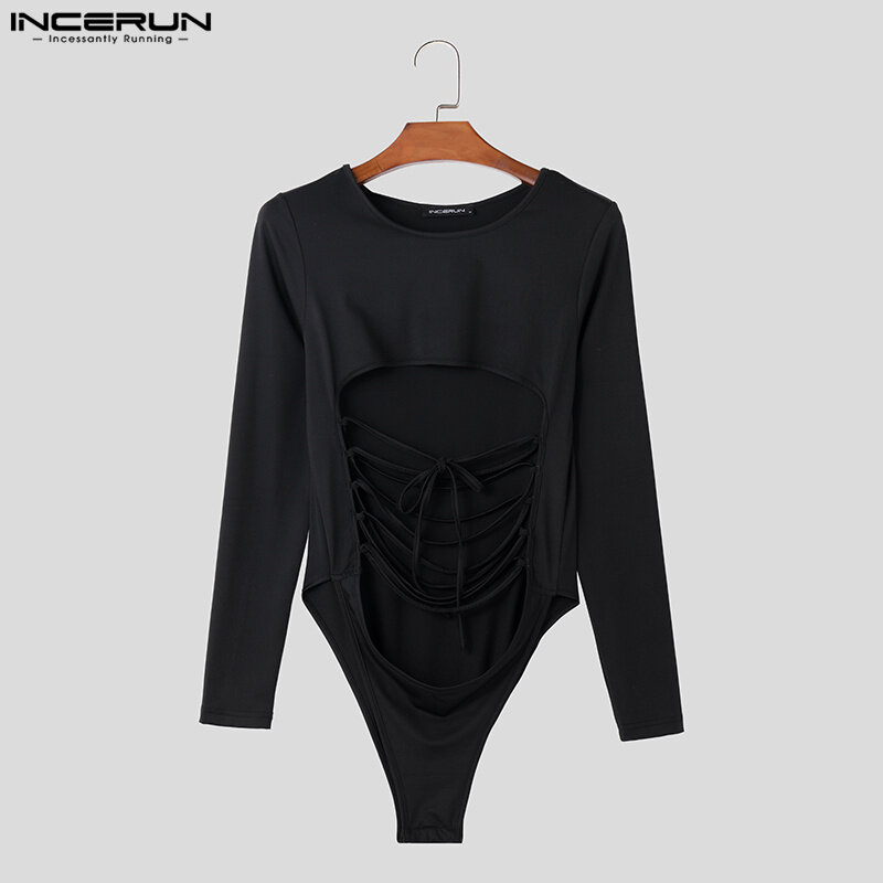 Sexy New Men's Homewear Jumpsuits Fashion Cross Tie Design Rompers Casual Solid Color Long sleeved Bodysuits S-5XL INCERUN 2023