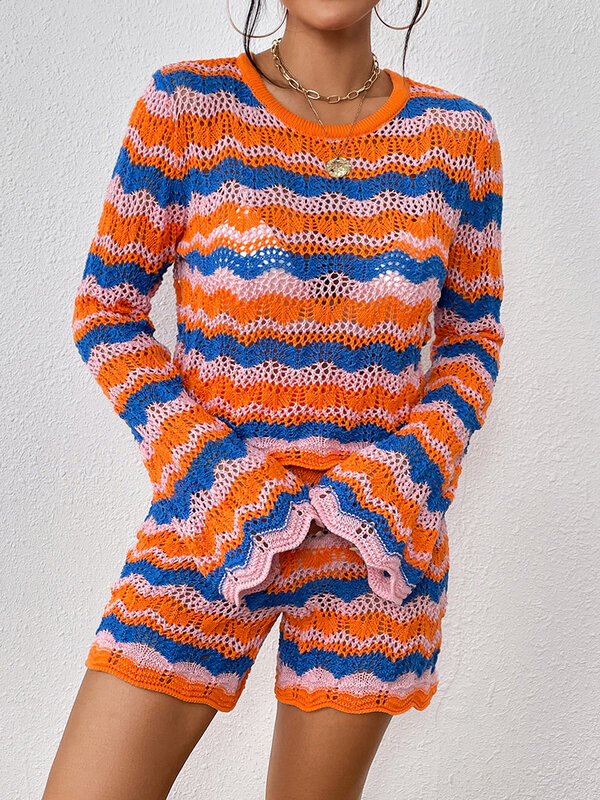 MALCIKLO Women Knit Shorts Outfits 2 Pieces Short Sets Stripe Patchwork Crew Neck Long Sleeve Sweater Crochet Tops Shorts