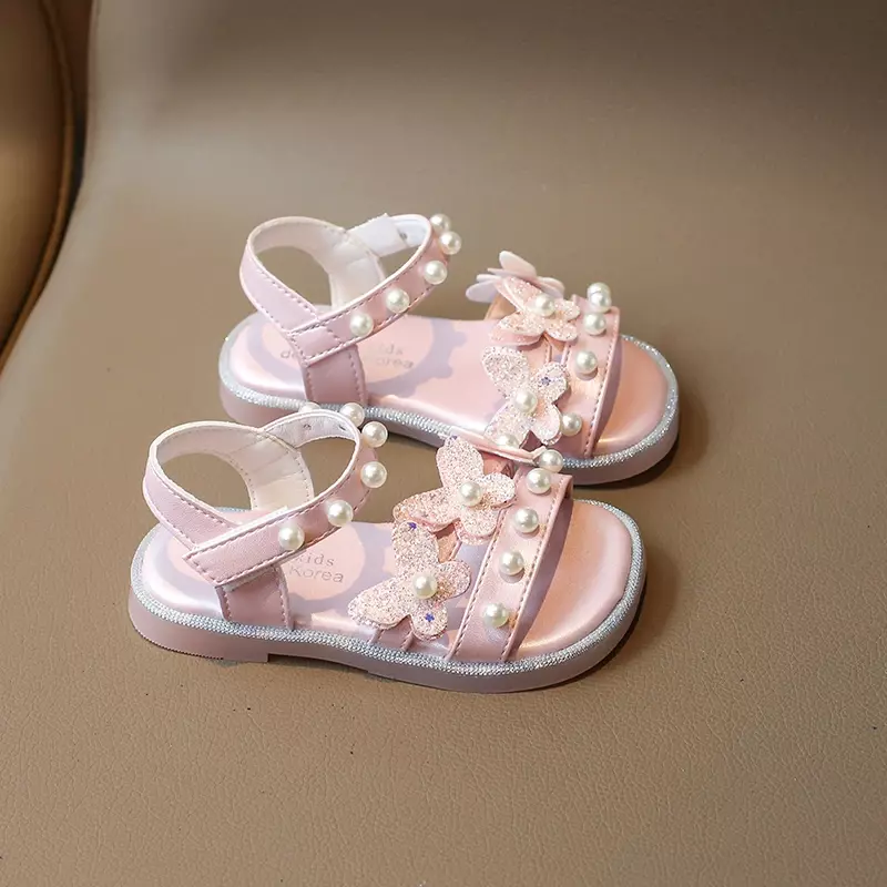 Girls Princess Sandals Chic Rhinestone Butterfly Children's Summer Sandals Fashion Sequins Pearl Kids Open-toe Flat Sandals New