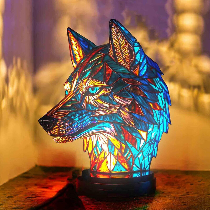 Resin Stained Glass Animal Lamp Dragon Wolf Elephant Table Lamp Desktop Ornament Colorful Night Light Bedside Lamp Home Decor