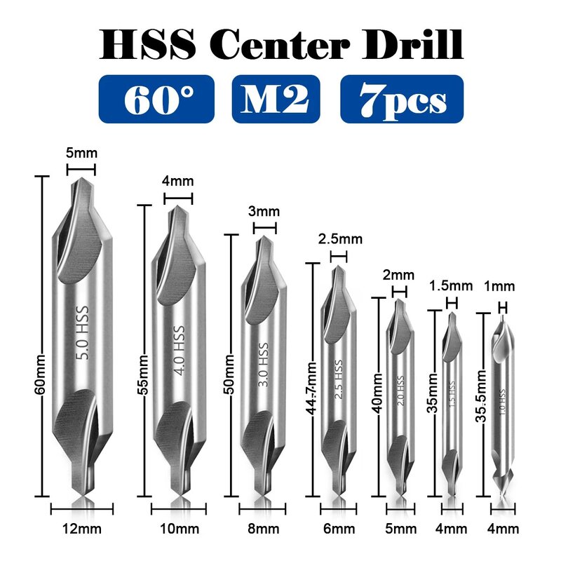 5pcs/7pcs M2 HSS Center Drill 1.0-5.0mm Center Drill Bit Set Drill Hole Centering Dril Cutter Drill Bit Set 6542