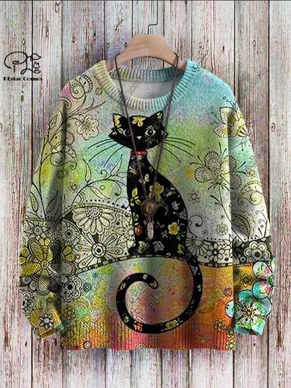 3d gedruckte Tiers erie Retro niedliche Katze gemusterte hässliche Pullover lässig Unisex Winter Sweatshirt M-6