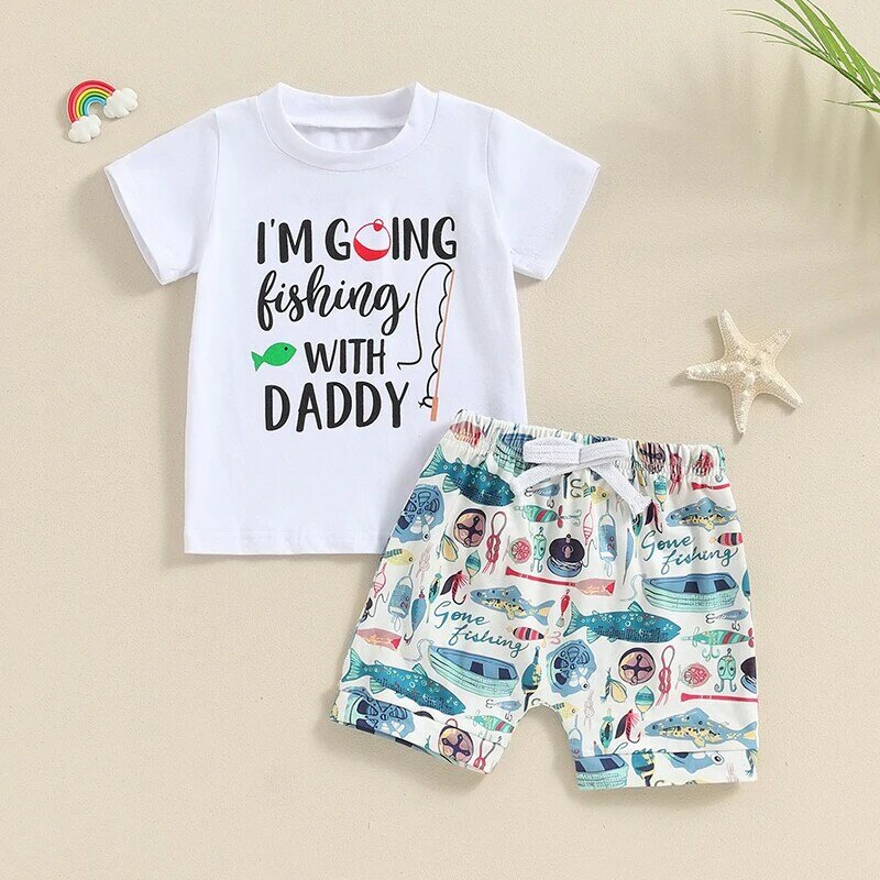 2024-04-15 Lioraitiin Toddler Boy Summer Outfit Letter Print Short Sleeve Tops with Elastic Waist Fish Pattern Shorts Clothes