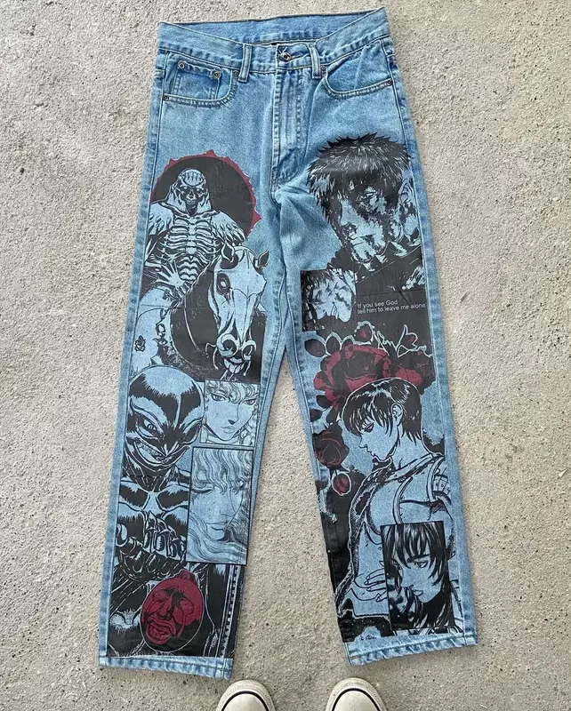 Harajuku Anime nowe japońskie styl jeansy z wysokim stanem z grafiką dżinsy z szeroką nogawką jeansy Y2K dla mężczyzn szerokie spodnie do spodni