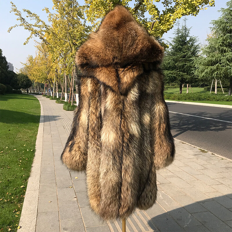Casaco grosso de pele de guaxinim masculino, jaqueta longa oversize, luxo superior, inverno, 2022